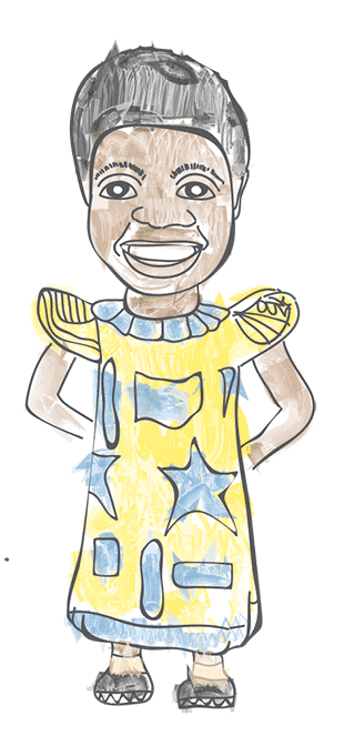 An illustration of a smiling African girl in yellow traditional dress with blue patterns on covering her calves.