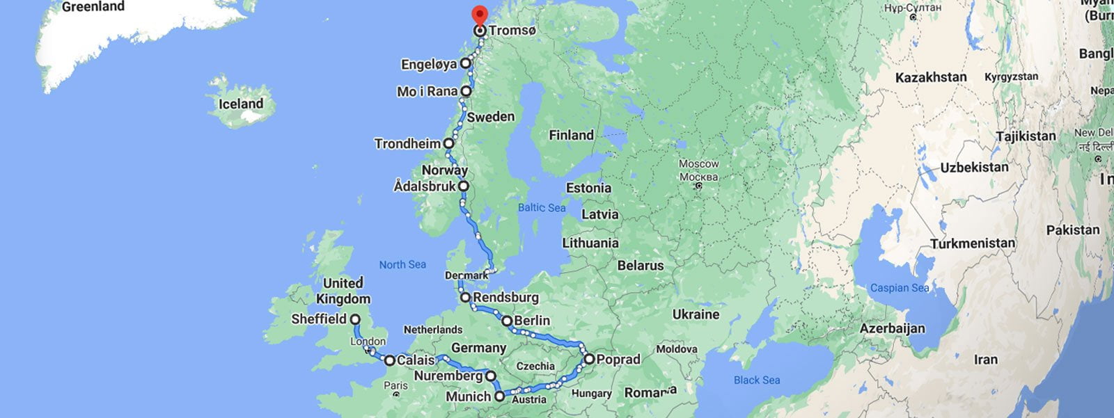 map of Our Cultures road trip from Sheffield UK to Tromsø Norway via Europe